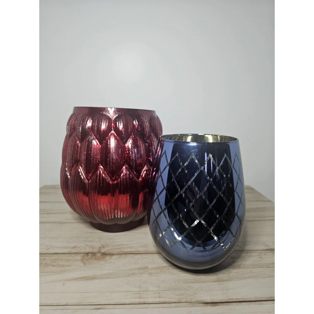 Metallic Glass Candle Holder Set Red Artichoke Blue Trellis Christmas Decor